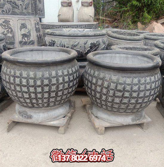 自然美學結(jié)合青石石雕、浮雕、編織、雕塑的戶外園林魚缸