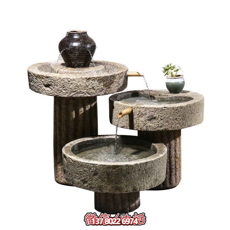 別墅庭院擺放老石槽組合魚缸石頭戶外石磨青石景觀流水?dāng)[件