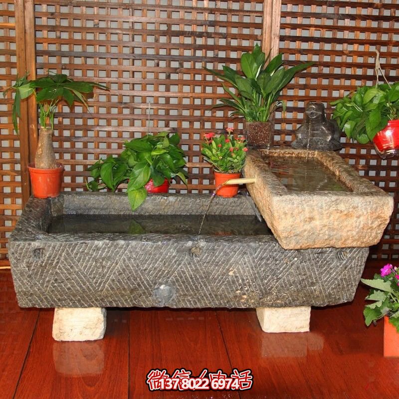 老石缸青石石槽魚缸石頭花盆陽(yáng)臺(tái)水景老石器竹子流水長(zhǎng)方形養(yǎng)荷花池